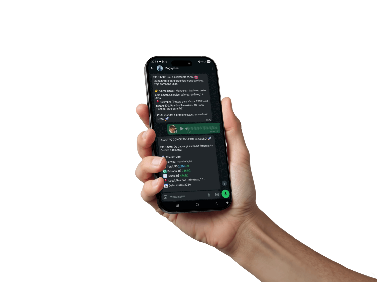 Mockup do bot MAG System no WhatsApp